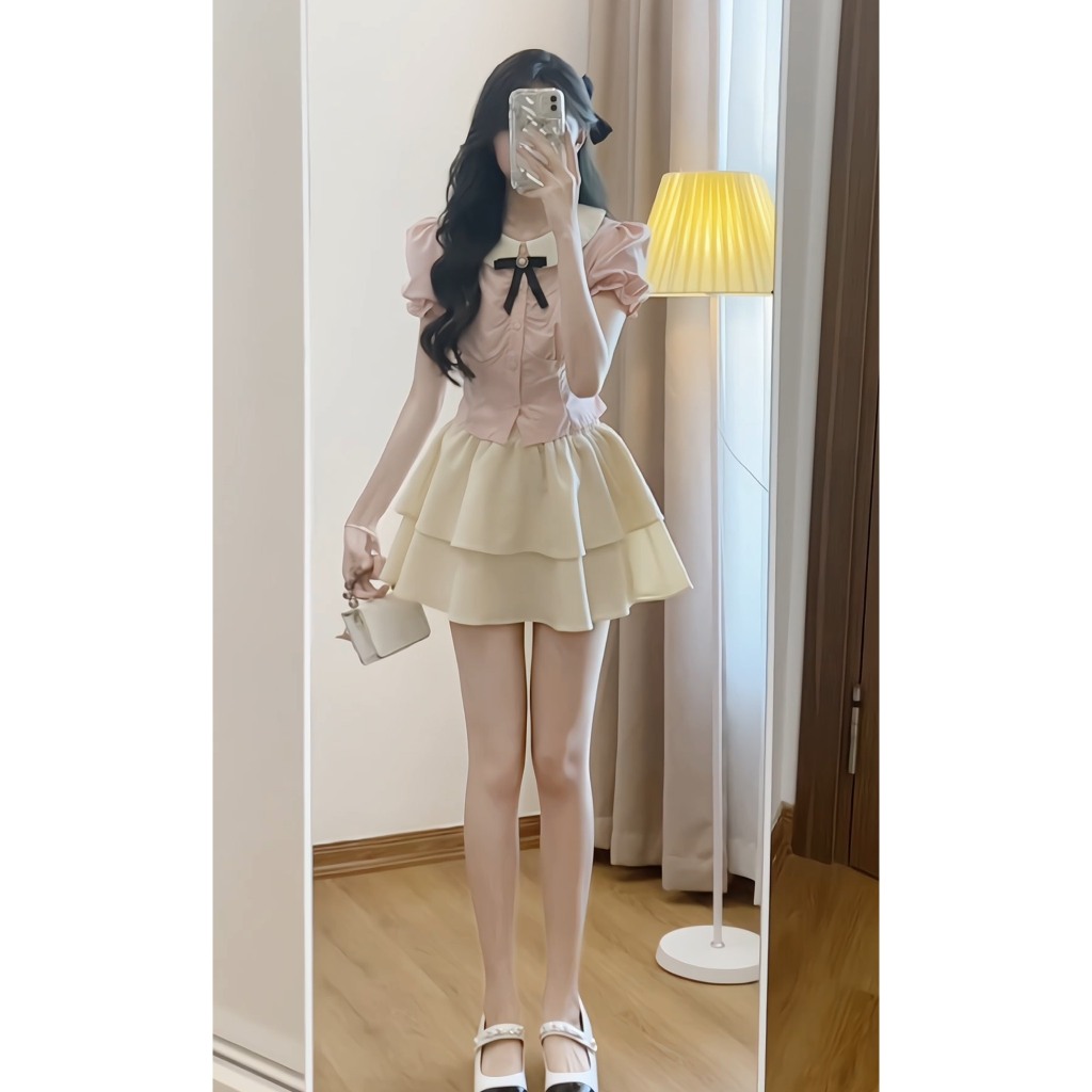 Set áo sơ mi trắng hồng  chiết eo tiểu thư xixeoshop - S95 | BigBuy360 - bigbuy360.vn