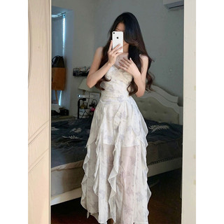 Đầm voan hoa trắng hai dây có mút ngực,váy dài xẻ tà bèo dọc có lót thiết kế trẻ trung xinh xắn