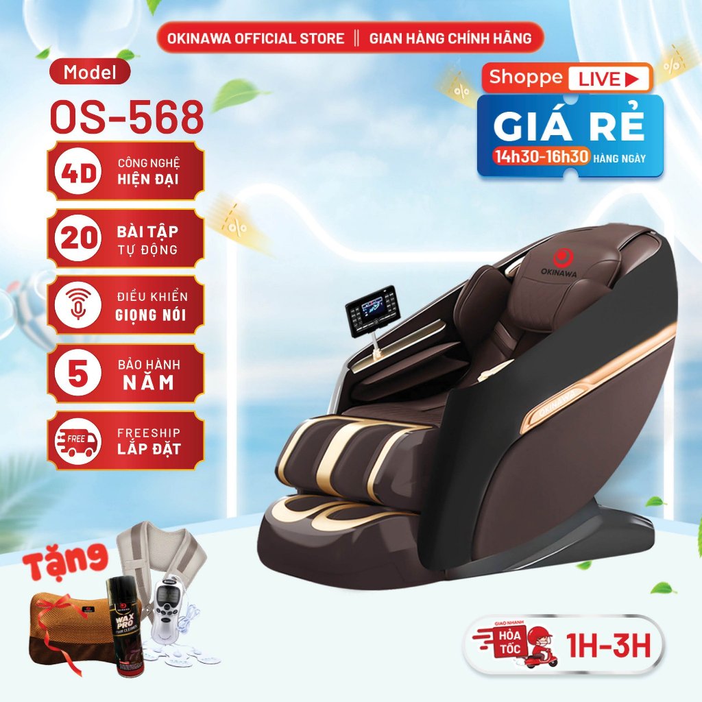 Ghế massage toàn thân cao cấp Okinawa Os - 568 chế độ kéo giãn chuyên sâu và điều khiển bằng giọng nói tiện lợi