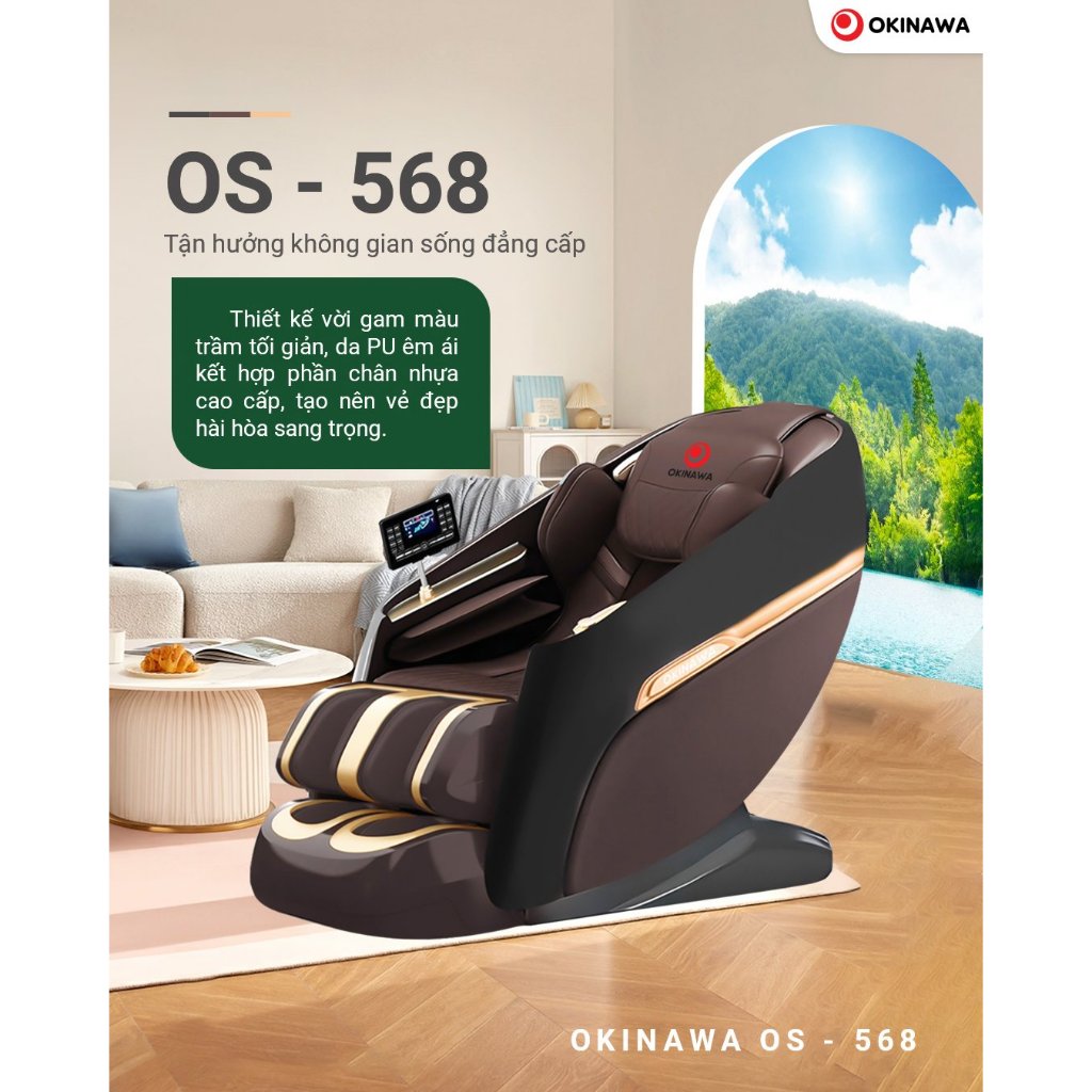 Ghế massage toàn thân cao cấp Okinawa Os - 568 chế độ kéo giãn chuyên sâu và điều khiển bằng giọng nói tiện lợi