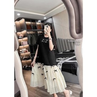 Đầm dáng suông rộng phối chữ miumiu kiểu tà đính nơ tay ngắn! TOMBI SHOP