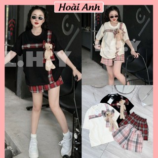 Set Bộ Đồ Nữ Áo Phông Mì Cổ Tròn Phối Viền Kẻ Ngực Vai Đính Gấu Nơ To Thêu Chữ Marzoo Trước Sau Mix Quần Sooc Kẻ Thô Mềm