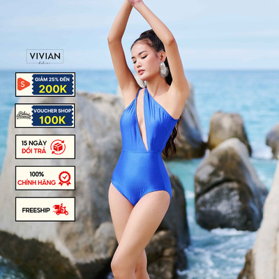 Đồ bơi nữ cao cấp 𝐕𝐈𝐕𝐈𝐀𝐍 dạng Một mảnh áo lệch vai, quai áo kép cách điệu -  màu Xanh Navy - VS184_NV