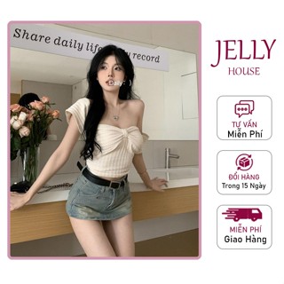 Áo kiểu croptop tay ngắn cổ vuông nữ, áo kiểu dáng ngắn cổ nơ chất len xốp tôn dáng gợi cảm siêu xinh