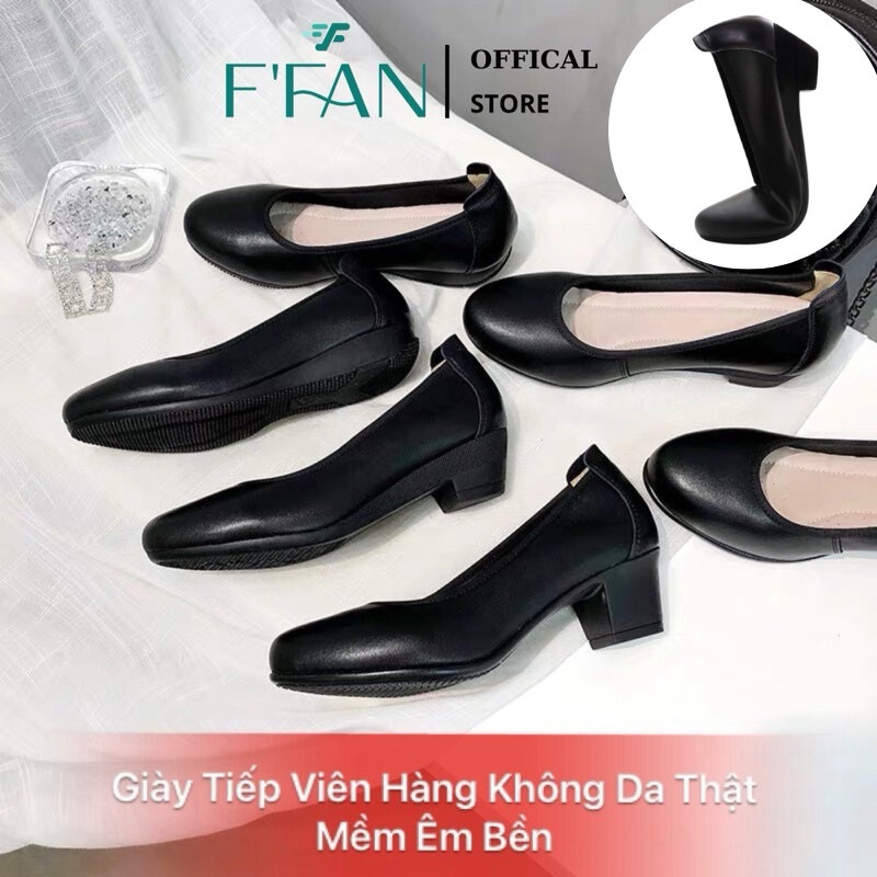 Giày tiếp viên hàng không nữ [da thật] mềm mại mũi tròn 002 công sở cao gót đế vuông màu đen bít mũi big size FFAN STORE