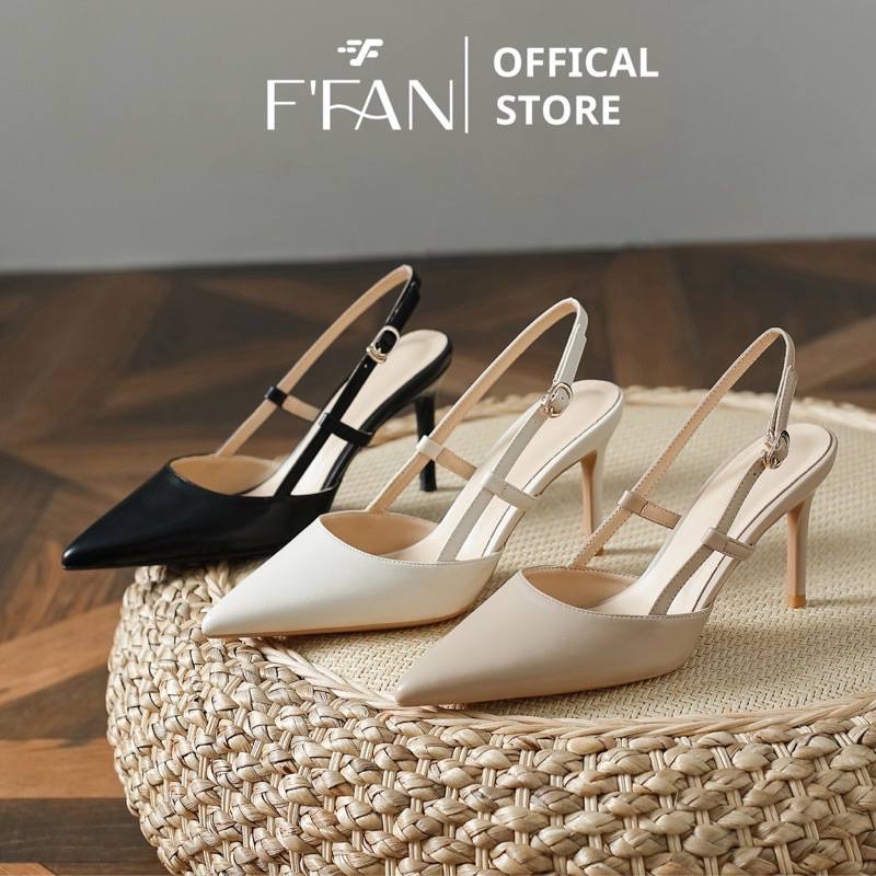  Giày nữ mũi nhọn hở gót  da thật  cao gót slingback đế nhọn 6 8 phân bít mũi 810 FFAN STORE big size màu đen be trắng 