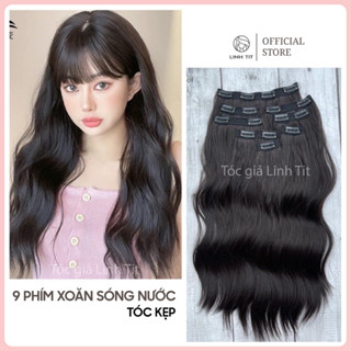 Tóc giả Kẹp 9 phím xoăn sóng nước nhẹ cao cấp tơ Hàn 50cm | Tóc giả Linh Tít