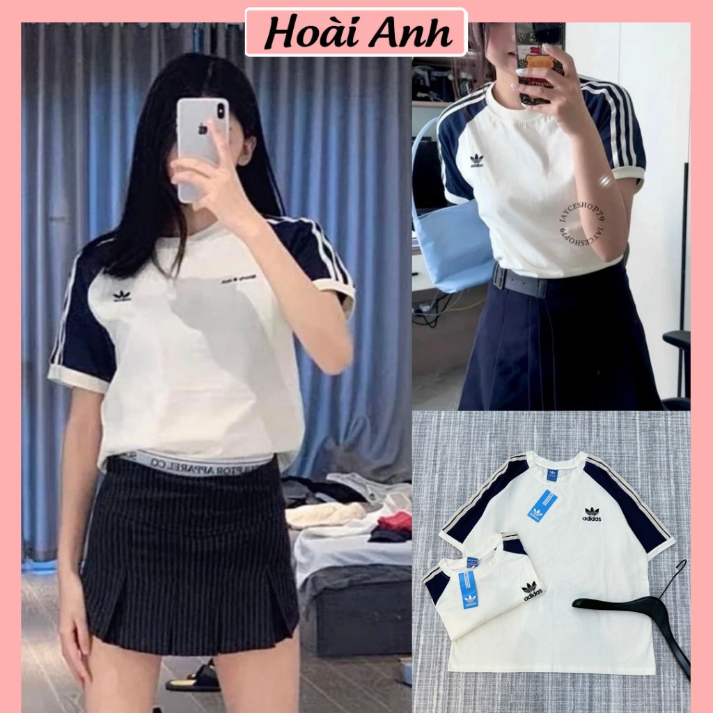 Áo Phông Dass Nam Nữ Cotton Màu Trắng Phối Tay Xanh Than Kẻ Sọc Cổ Tròn Thêu Logo Trước Ngực Oversize