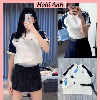 Áo Phông Dass Nam Nữ Cotton Màu Trắng Phối Tay Xanh Than Kẻ Sọc Cổ Tròn Thêu Logo Trước Ngực Oversize