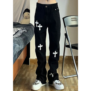 Quần jean nam unisex in chữ thập cá tính, quần bò chữ thập ống suông form rộng thời trang nam 9384