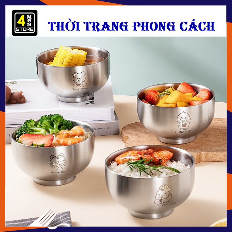 Chén Inox Cách Nhiệt 2 Lớp Hàn Quốc In Hình Dễ Thương - Tô , Bát Ăn Cơm , Ăn Súp Chống Nóng 12cm