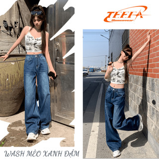 Quần jean ống rộng wash mèo màu xanh đậm cá tính, quần bò rộng cho nàng hách dáng