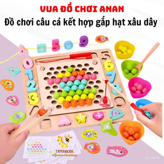 Giáo cụ montessori đồ chơi gỗ kết hợp câu cá gắp hạt xếp hình khối, lắp số kèm xâu dây giúp bé thát triển tư duy