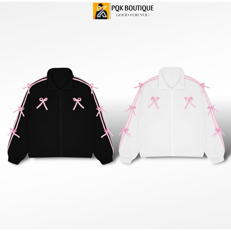 Áo Khoác Cổ Trụ Dây Kéo Nỉ Nam Nữ Form Rộng BOW Phối Line Đính Nơ Dễ Thương Mẫu 2024 - Pqk Boutique