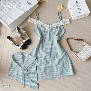 Đầm caro 2 dây phối ren kèm khăn
