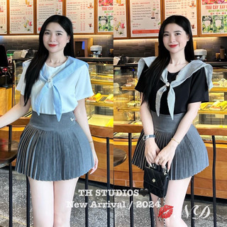 Set áo phông khăn mix chân váy thom xếp ly hàng TKCC size SM