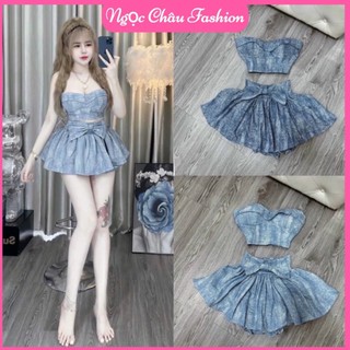 Set jean áo cúp ngực lưng thun co dãn kèm váy ngắn có quần trong đính nơ eo form 38-53kg