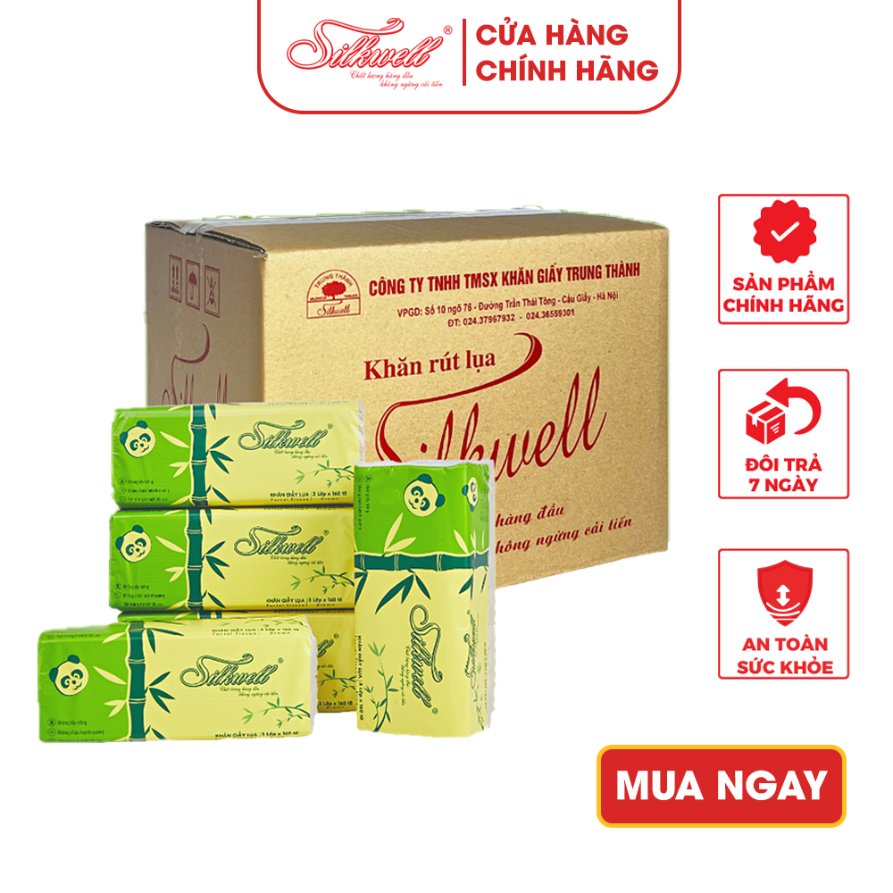 Giấy ăn gấu trúc Thùng 9 gói khổ lớn Silkwell 3 lớp than tre bột tre nhập khẩu, siêu mềm mịn