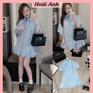 Váy Đầm Nữ Xanh Dương Cổ Sơ Mi Đuôi Xếp Ly 2 Tầng Xòe Xinh Kèm Dây Hoa Nổi Dưới Cổ Áo Freesize
