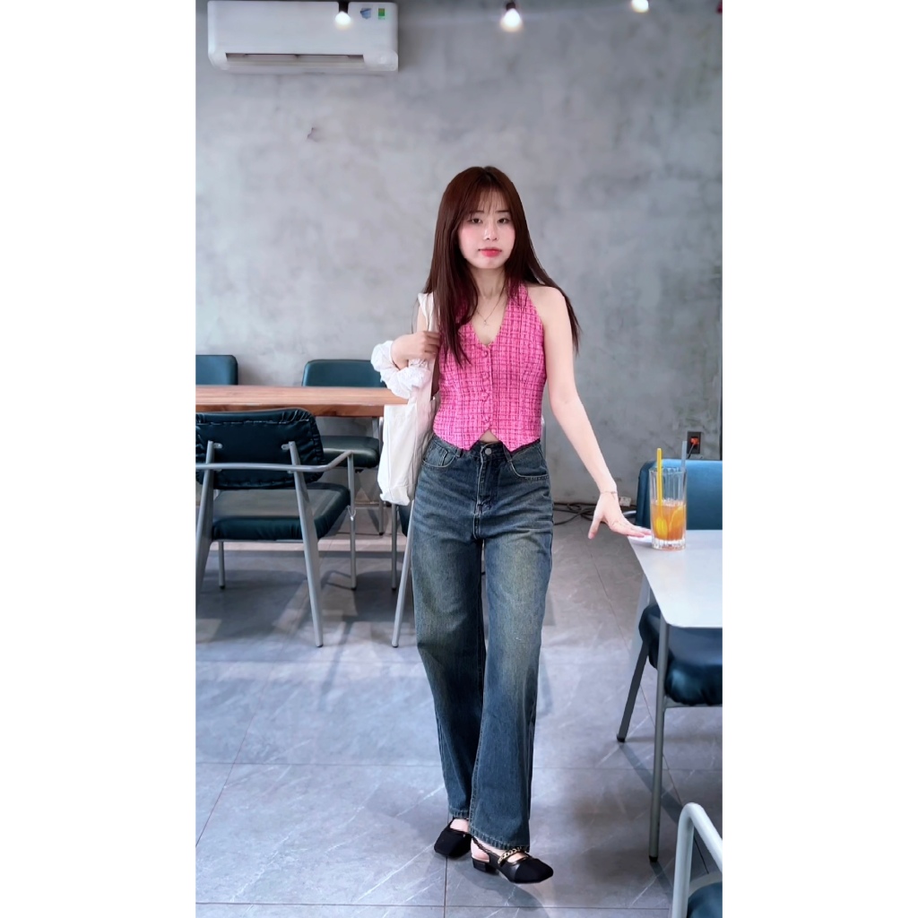 Quần Jean Suông Trơn Basic Nữ Cạp Cao