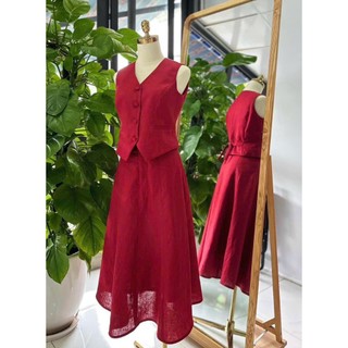 Sét đồ linen áo gile + chân váy xoè chữ a
