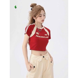 Áo Thun Croptop Phối Viền Màu Cổ Tròn Ngắn Tay Kèm In Chữ Giản Dị TTPC0131