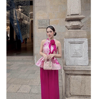 Set áo yếm xoè hoa thêu + quần lụa ống suông a.s.h.y.l.e.y - ảnh thật cận chất