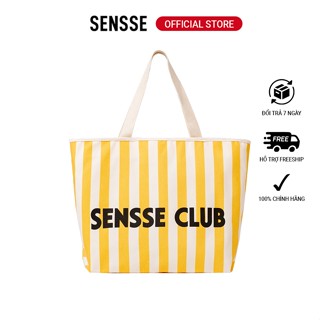 Túi Tote Vải Canvas Kẻ Sọc Sensse Đeo Vai Cỡ Lớn Có Khóa Kéo Phù Hợp Nam Và Nữ Mang Hằng Ngày