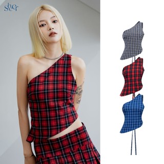Áo lệch vai caro cột dây sau lưng frankie - sheer
