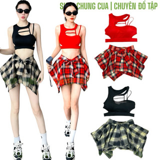Bộ tập nữ mix áo bra chất thun và váy kẻ karo nơ tập zumba, shuffle dance, aerobic dane 2 màu xinh lựa chọn