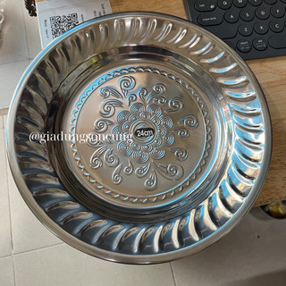 Dĩa inox tròn bò né nhỏ size 24cm sử dụng được bếp từ Freeship