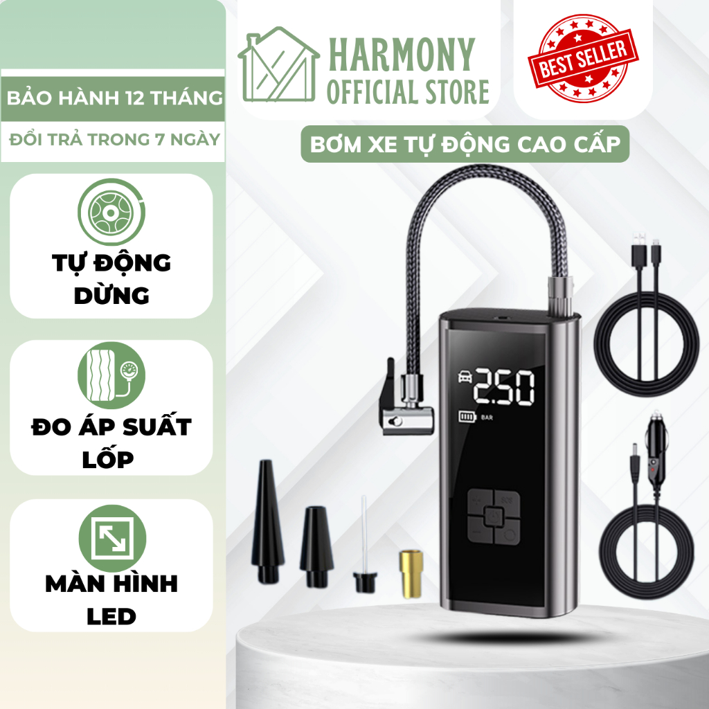 Bơm lốp điện tử ô tô DELALEP,tự ngắt, công suất 120W, đồng hồ hiển thị áp suất - BXO02
