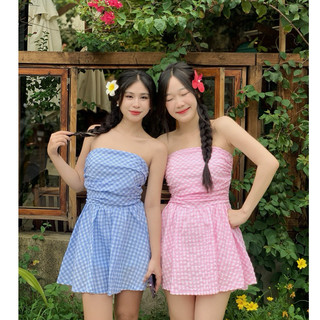 Có bigsize - đầm cúp xòe caro kèm turban hình thật shop chụp