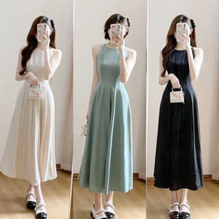Váy Đầm cổ yếm dáng xoè dài Hàn Quốc tôn dáng