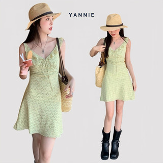 Váy đầm mini voan hoa nhí vàng cổ V không tay dáng chữ A Yannie