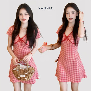 Váy đầm mini cổ V đỏ kẻ caro chữ A dáng ngắn Yannie