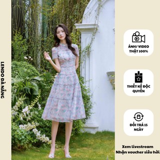 Đầm Váy Công Sở LENDO Dáng Xòe A Nhiều Tầng Tay Ngắn Cổ Tàu Đứng 3 Phân Voan Tơ Hoa V240308
