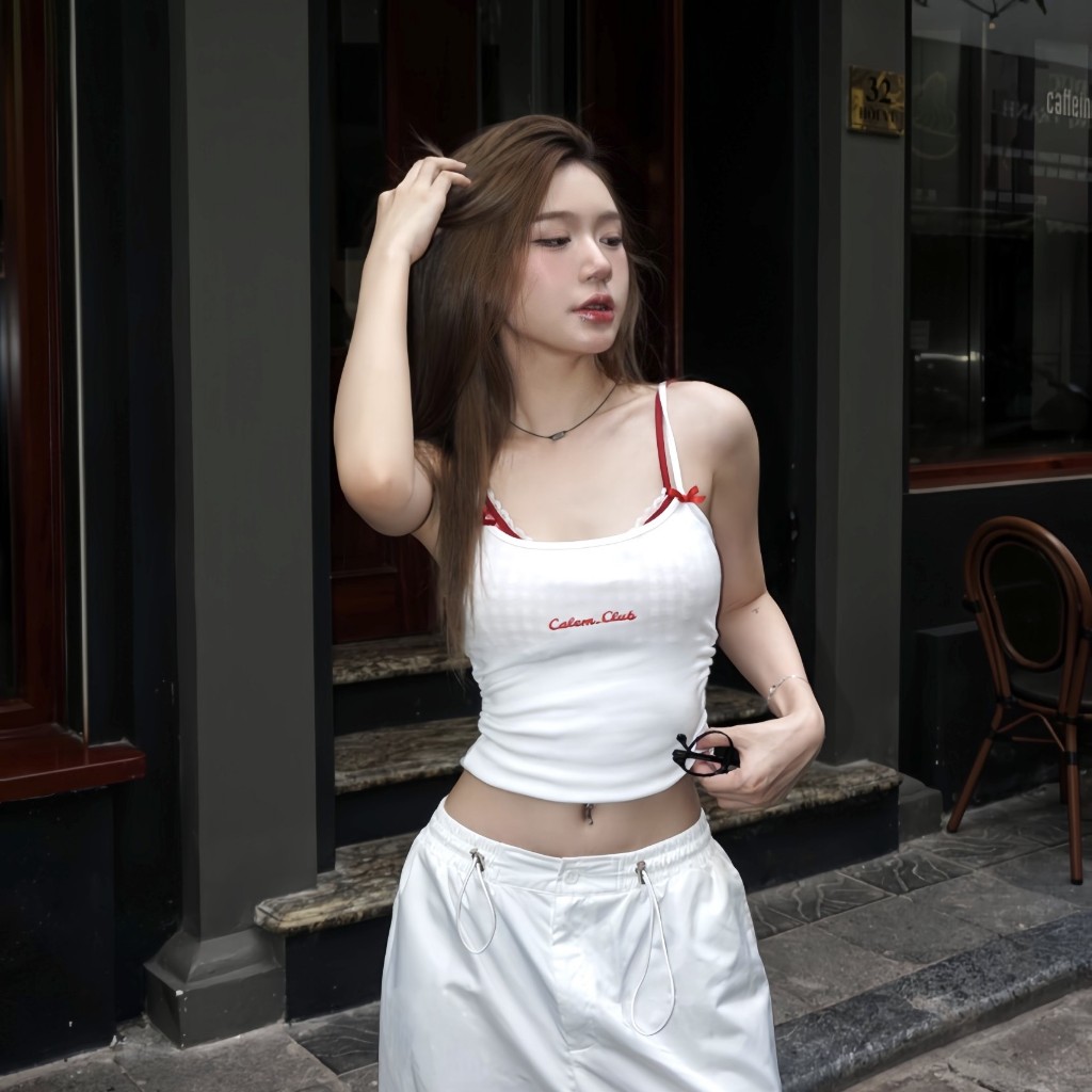 Set Áo nữ 2 dây Trắng kèm CORSET Bra caro đỏ sexy dễ thương La_belle_18 | BigBuy360 - bigbuy360.vn