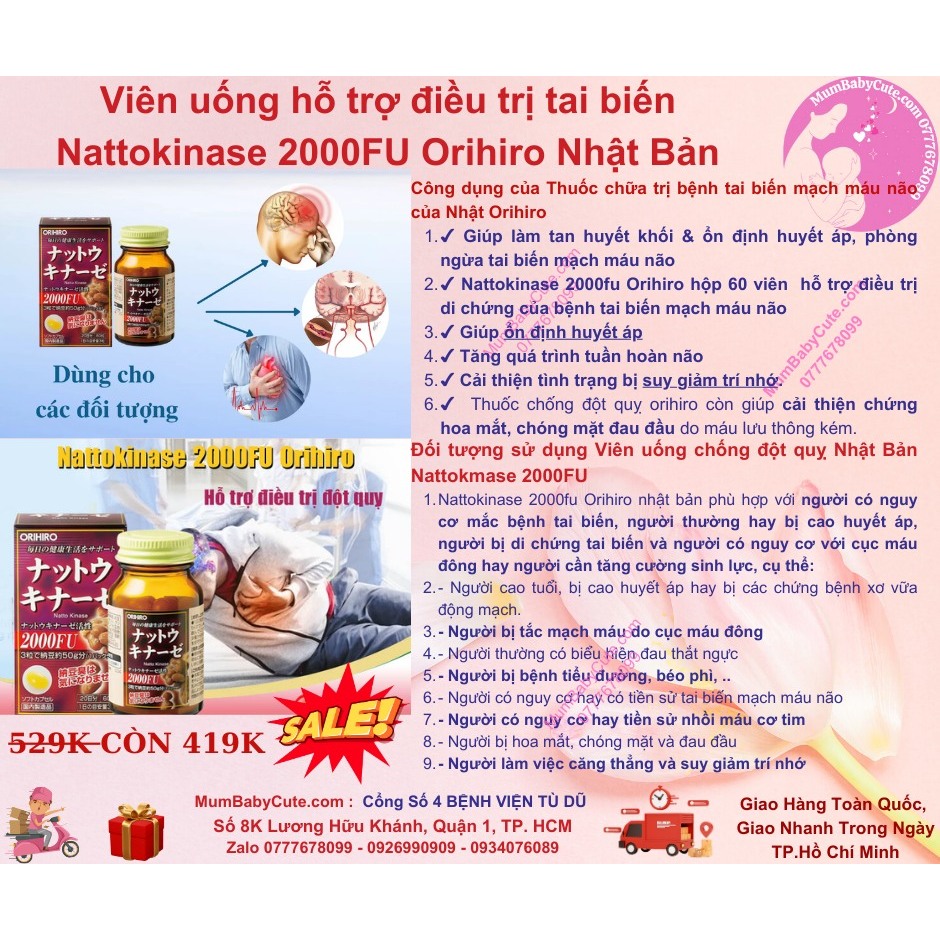 Viên uống hỗ trợ tai biến đột quỵ Nattokinase 2000 Orihiro 60 viên