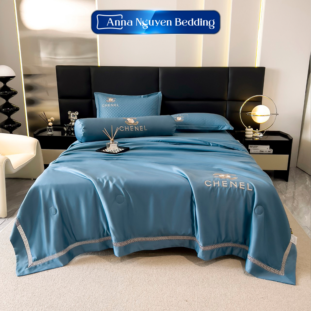 Bộ Chăn Ga Gối Đệm Phi Lụa Tencel Silk Chenel Home Drap Giường Phi Bóng Cao Cấp Bo Chun Drap