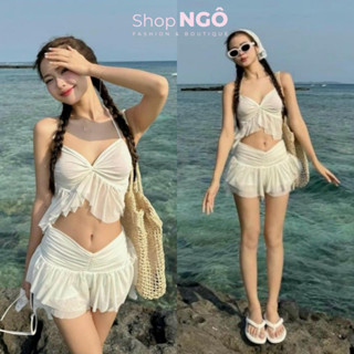 Set đi biển thời trang nữ siêu hot KÈM KHĂN áo 2 dây cúp ngực peplum trắng dây cổ yếm váy xoè ngắn chất QC có mút có lót