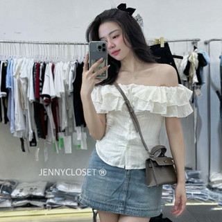 JENNYCLOSET ® Áo trễ vai bèo nữ basic chiết eo mặc tôn dáng , Áo hở vai nữ dáng crotop hàng cao cấp