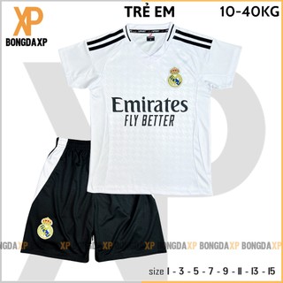 Áo Đá Bóng Trẻ Em Real Madrid Trắng 2024, Đồ Đá Banh Trẻ Em Vải Thun Lạnh Cao Cấp