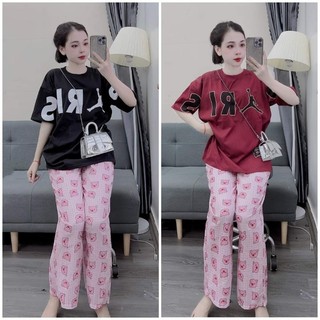 Sét quần ống suông họa tiết heo hồng +mix áo phông form rộng chữ Pari