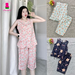 Đồ bộ tole lanh nữ lửng sát nách 48-75kg vải tole 2 da đẹp mát