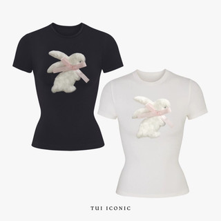 Áo thun babytee thuê hoạ tiết thỏ bông lông xù màu trắng nơ ruy băng màu hồng - nami babytee