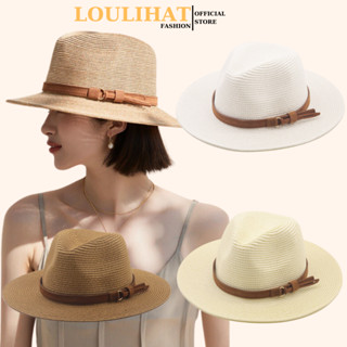 Nón cói rộng vành panama cao bồi đính dây da LOULIHAT, mũ cói đầu nhọn đi biển chống nắng nhiều màu vintage NCLP02