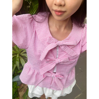 Áo Babydoll Buộc Nơ Cổ Sen Lolita Tay Phồng Chất Cotton