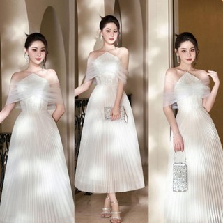 Váy trễ vai cổ yếm kim sa phối tùng dập ly dài 200624