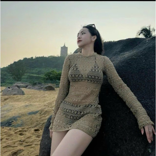Đầm váy mini nữ mặc đi biển chất ren kèm vải thật tay dài kèm 2 món bikini thun gân có mút